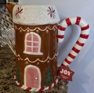 Hand-Painted Gingerbread House Ceramic Pitcher with Candy Cane Handle ~ New